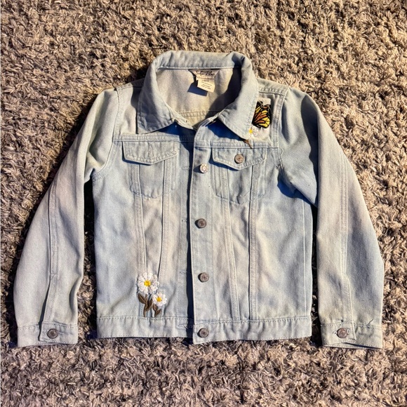 Kids Light Blue Denim Jacket with Floral and Butterfly Embroidery - Picture 1 of 1